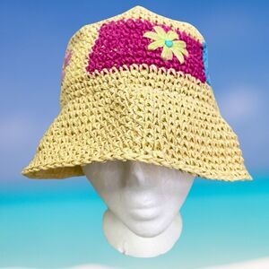Bucket Hat Camel Women Large Woven Paper Straw Flowers Multicolor Beach Resort